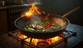 A hot wok with chef in a Chinese kitchen. back view of the chef, Chinese food being cooked in a wok on fire in the Chinese kitchen Royalty Free Stock Photo