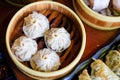 The hot xiao long pao in bamboo steaming basket - famous chinese food concept Royalty Free Stock Photo