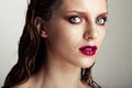 Hot young woman model with bright red lips makeup Royalty Free Stock Photo