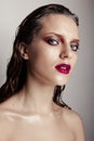 Hot young woman model with bright red lips makeup Royalty Free Stock Photo