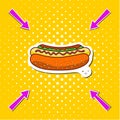 Classic colored hot dog on a yellow pop background whith arrows.