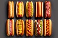 Hotdog with appetizing sausage with mustard, mayonnaise and tomato sauce on dark gray background