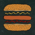 Hotdog. Bun with Sesame, Sausage, Ketchup, Mustard. Fast Food Collection. Black Chalkboard. Hand Drawn High Quality Vector Illustr