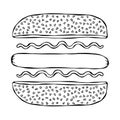Hotdog. Bun with Sesame, Sausage, Ketchup, Mustard. Fast Food Collection. Hand Drawn High Quality Vector Illustration. Doodle Styl