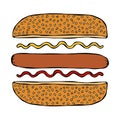 Hotdog. Bun with Sesame, Sausage, Ketchup, Mustard. Fast Food Collection. Hand Drawn High Quality Vector Illustration