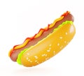 Hotdog 3d render icon isolated on white background. Hot dog of sesame bun, sausage, salad, ketchup and mustard sauce Royalty Free Stock Photo