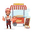 Hotdog food truck. street fodd with merchant. character design -