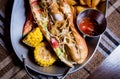 Hotdog and French fries on a dish. Fast food meal. Restaurant. Royalty Free Stock Photo