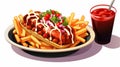 Pixel Art Illustration: Hotdog And French Fries Meal In Dark Grey Bowl