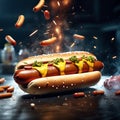 hotdog with ketchup mustard, classic American combination. Cinematic ads