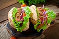 Hotdog with ketchup, mustard, lettuce and vegetables Royalty Free Stock Photo