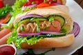 Hotdog with ketchup, mustard, lettuce and vegetables Royalty Free Stock Photo