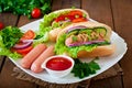 Hotdog with ketchup, mustard, lettuce and vegetables Royalty Free Stock Photo