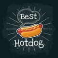 Hotdog with mustard. Vector flat illustration with engraving rays, lettering, bubble