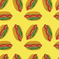 Hotdog pattern. hand drawn illustration. Bright cartoon illustration for card design, menu, fabric and wallpaper.