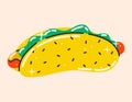 Hotdog with sausage and mustard. Funny vector isolated flat sandwich, fast food, 90s style.