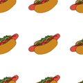 Hotdog pattern. hand drawn illustration. Bright cartoon illustration for menu design, fabric and wallpaper.