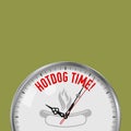 Hotdog Time. White Vector Clock with Motivational Slogan. Analog Metal Watch with Glass. Sausage on Fire Icon Royalty Free Stock Photo