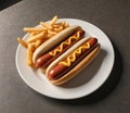 Hotdogs and fries on white plate with copy space