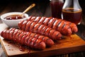 hotdogs with grill marks beside a bottle of bbq sauce