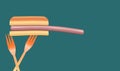 Hotdogs are the topic of this colorful image of hotdogs, buns and plastic picnic forks.