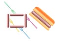 Hotdogs are the topic of this colorful image of hotdogs, buns and plastic picnic forks.