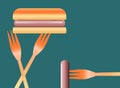 Hotdogs are the topic of this colorful image of hotdogs, buns and plastic picnic forks.