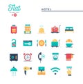 Hotel, accommodation, room service, restaurant and more, flat icons set