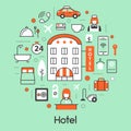 Hotel Accomodation Thin Line Icons Set with Reception and Services