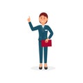 Hotel administrator or reception manager with red folder in hand. Young woman in formal suit. Flat vector design