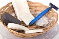 Hotel amenities kit in basket Royalty Free Stock Photo