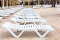 Hotel area are closed due to covid-19 pandemic, empty sun loungers are on resort area Royalty Free Stock Photo