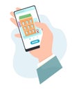 Hotel booking online, hand holds a smartphone. Hotel reservation, online booking. Vector concept in flat style.