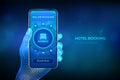 Hotel booking. Online Reservation. Mobile application for renting accommodations. Travel and tourism concept concept on smart Royalty Free Stock Photo