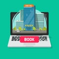 Hotel booking online using computer vector illustration, flat cartoon laptop with city hotel and book button on display