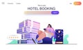 Hotel booking web concept for landing page. Woman planning trip and rents house or room using mobile app, rest and travel banner Royalty Free Stock Photo