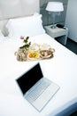 Hotel Breakfast And Laptop Royalty Free Stock Photo