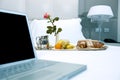 Hotel Breakfast And Laptop Royalty Free Stock Photo