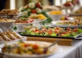 Hotel breakfast,lunch and dinner buffet with various hot and cold appetizers and snacks prepared by catering for various events.