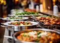 Hotel breakfast,lunch and dinner buffet with various hot and cold appetizers and snacks prepared by catering for various events.