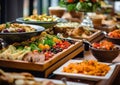 Hotel breakfast,lunch and dinner buffet with various hot and cold appetizers and snacks prepared by catering for various events.