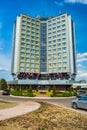 Hotel Bryansk. The Central hotel of the city against the blue spring sky. Bryansk, Russia-April 2018