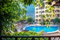 Hotel building and blue pool, Marmaris, Turkey Royalty Free Stock Photo