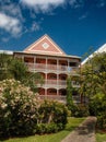 Hotel building in lush gardens, Bahamas