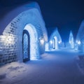 Hotel built with ice rocks in snowing night. Snow igloos made like hotels.