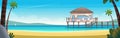 Hotel bungalow on a blue clear and calm sea. Summer vacation concept. Private house on a secluded sea beach with pier