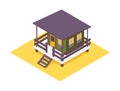 Hotel bungalow isometric. Green house with wooden terrace in 3d