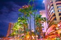 Hotel city and palm trees at night Royalty Free Stock Photo