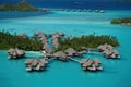 A hotel complex with bungalows on the Bora Bora islands, generative AI.