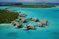 A hotel complex with bungalows on the Bora Bora islands, generative AI.